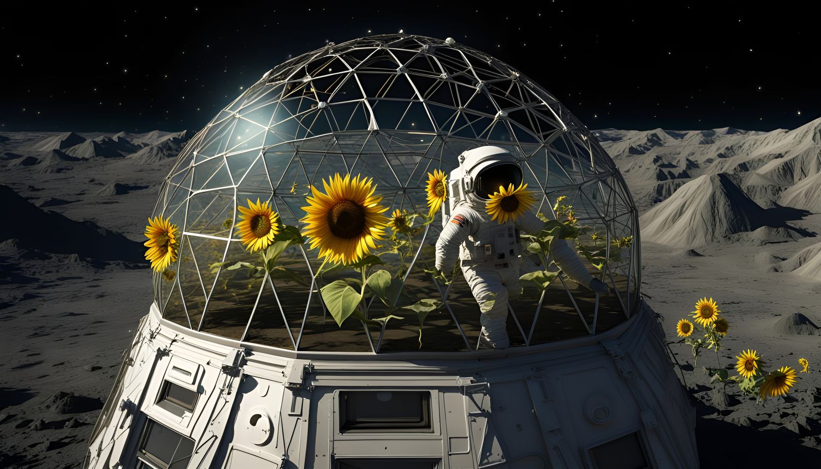 Sunflowers Growing in a Large Geodesic Dome on the Moon Tended by Astronauts Craters in the Background Stars and Earth i...