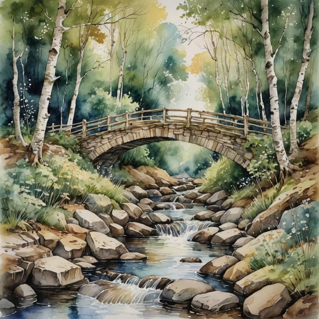 Victorian Watercolour Painting of Stream in Birch Wood