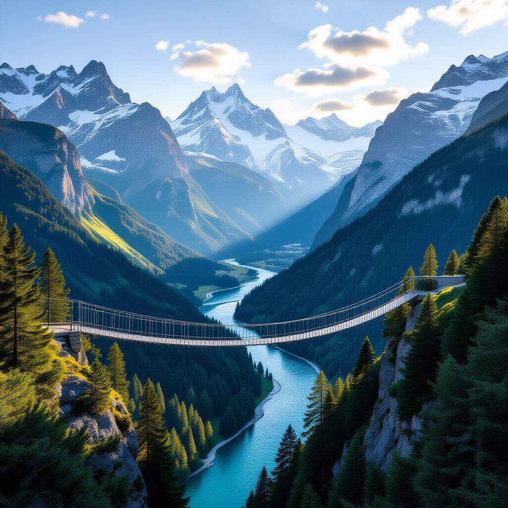 Majestic Swiss Alps Landscape with Rope Bridge and River