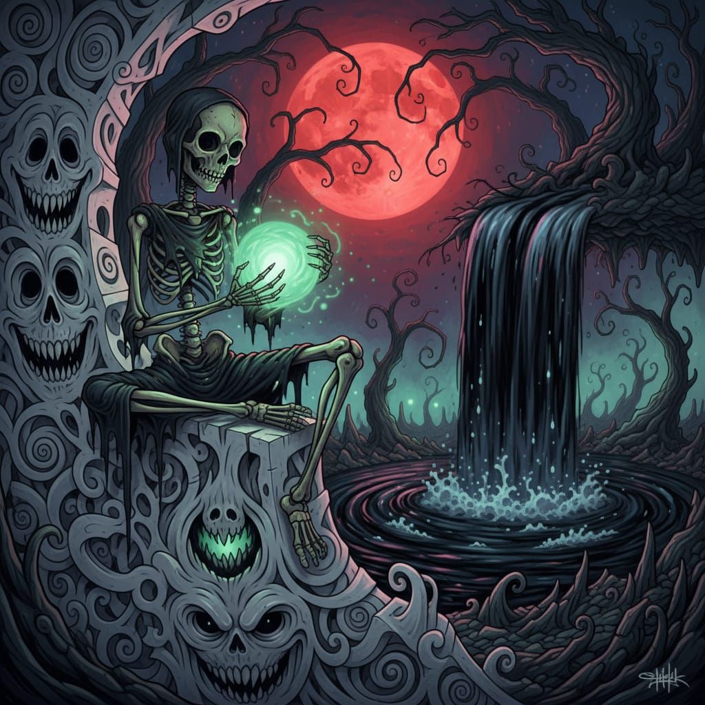 Skeletal Doll With Glowing Orb in Surreal Whimsical Style