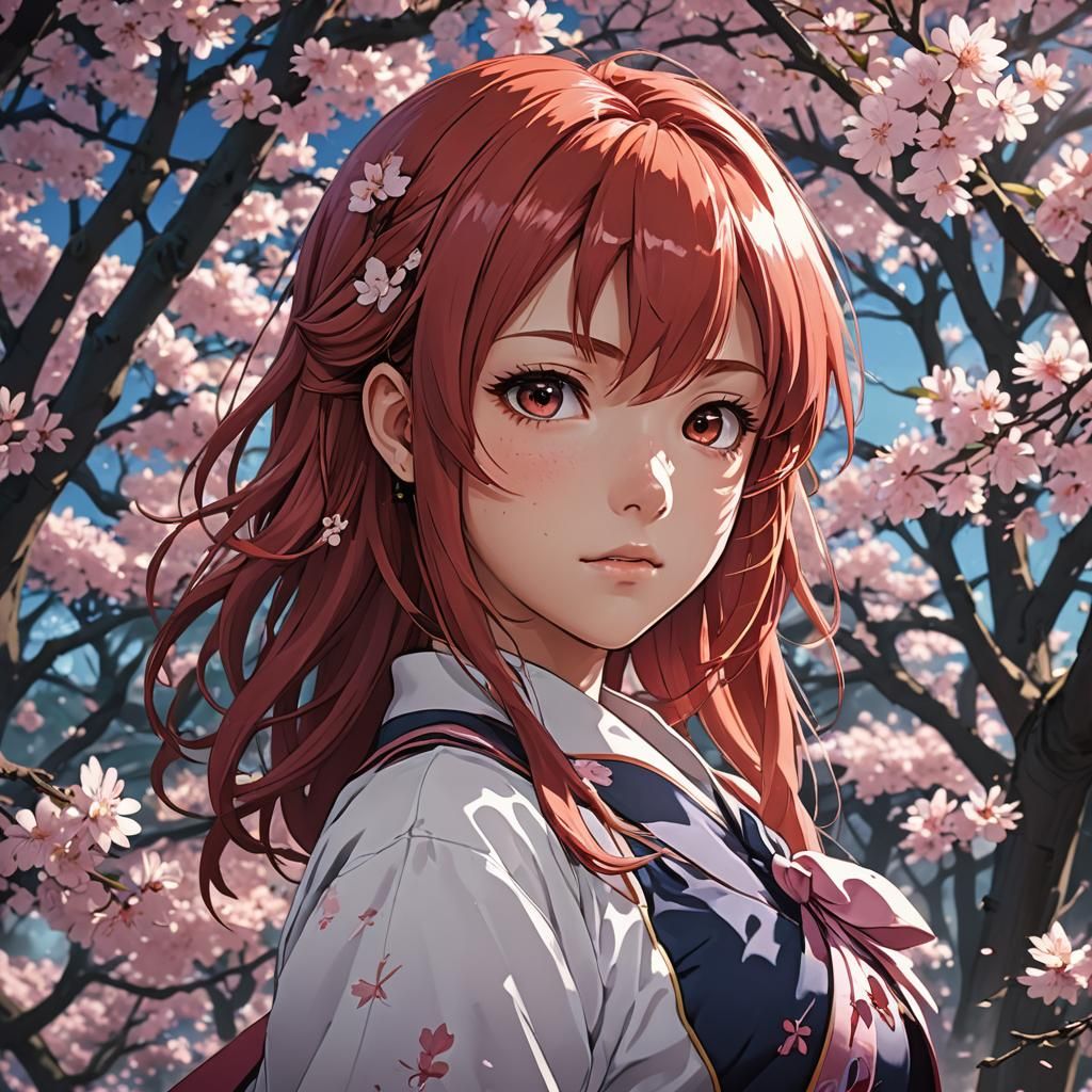 Red-Haired Sakura in Anime Style