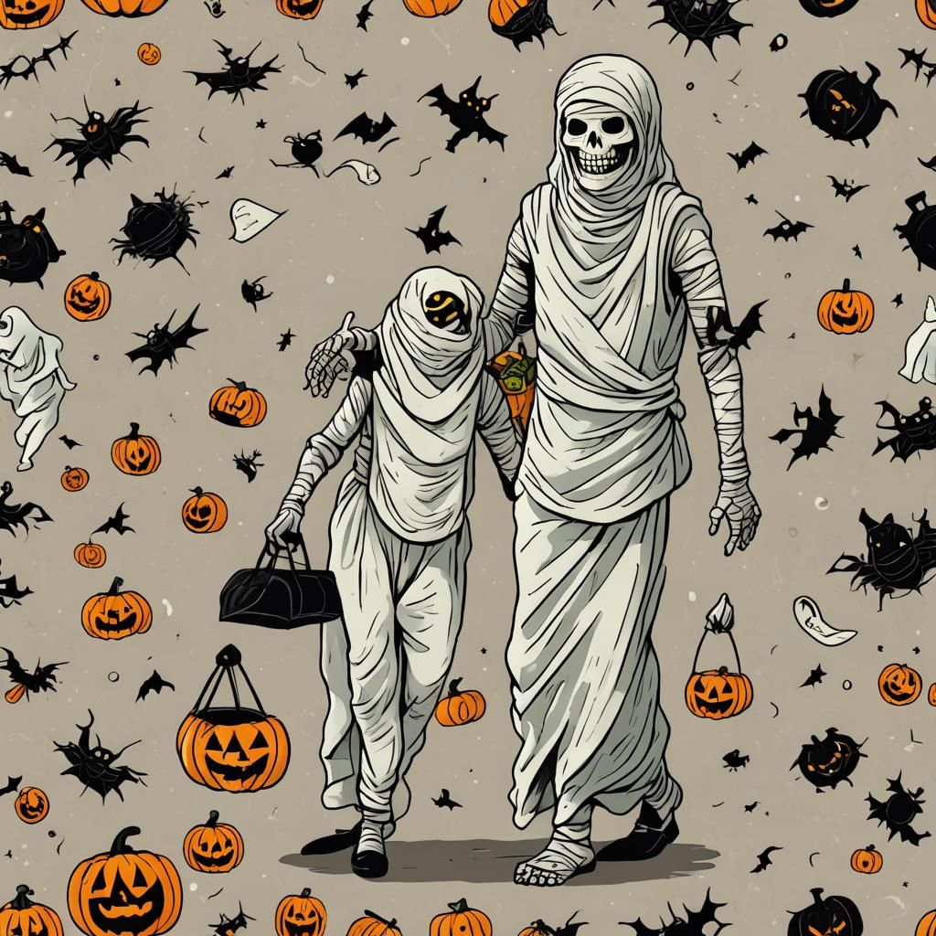 Mummy Trick-or-Treating on Halloween Night
