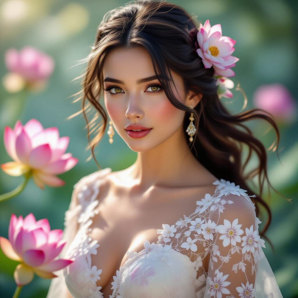 Scarlett in Flowing Lace Dress with Flowers, Hyper-Realistic