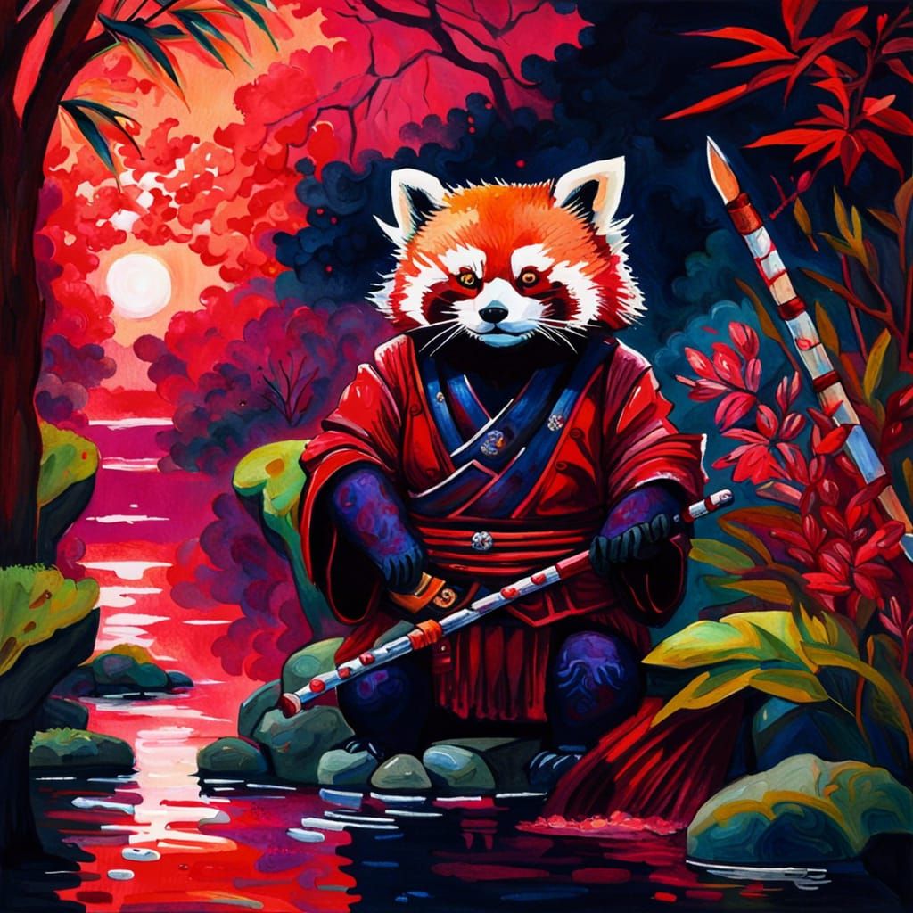 Red Panda Samurai in Water Garden: Gouache Style