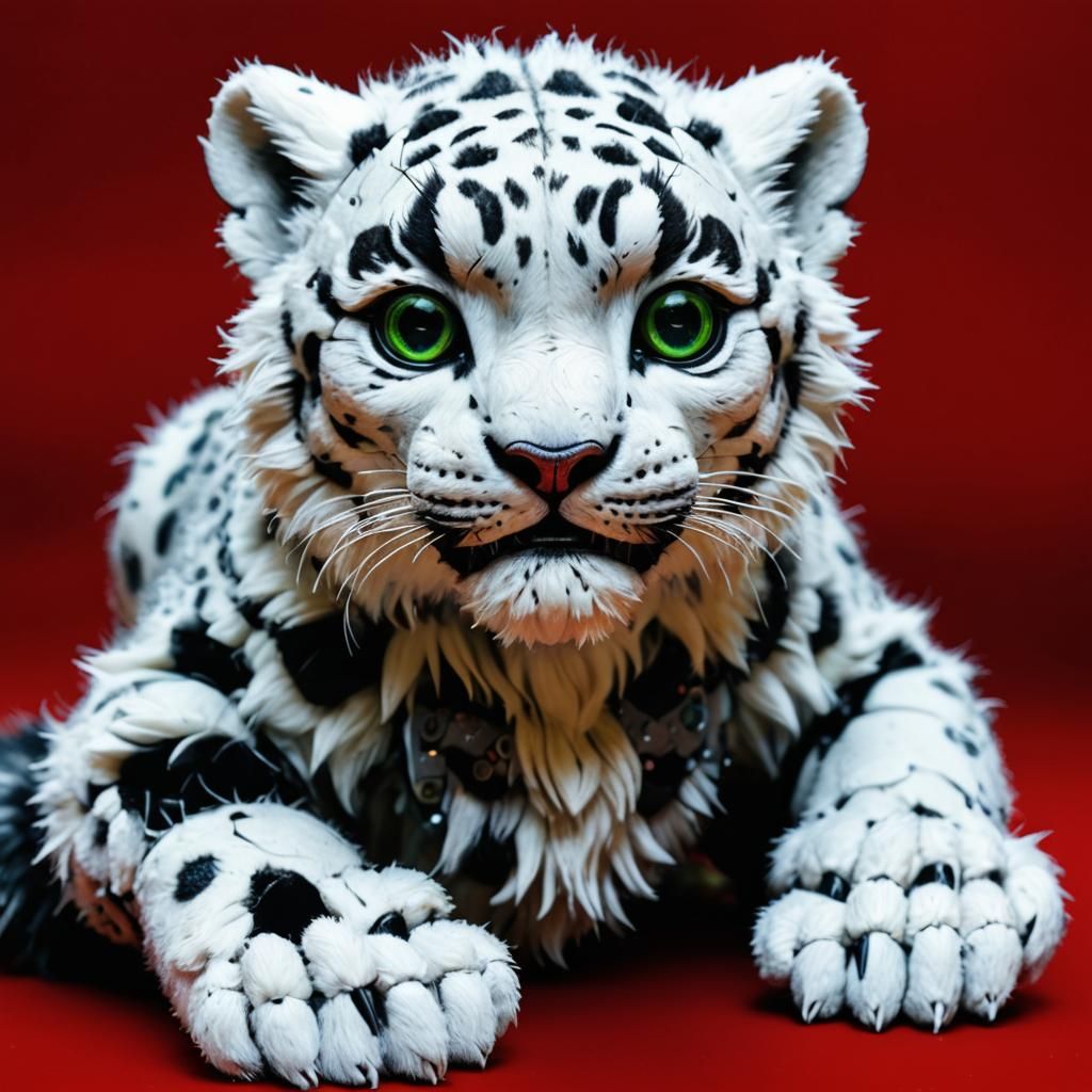 Robotic Snow Leopard Cyborg with Green Eyes