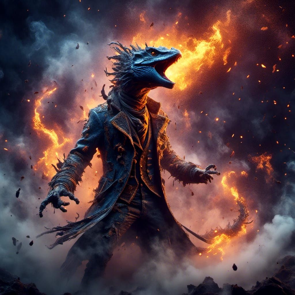 Anthropomorphic Lizard Amidst Smoke, in Dark Fantasy Style