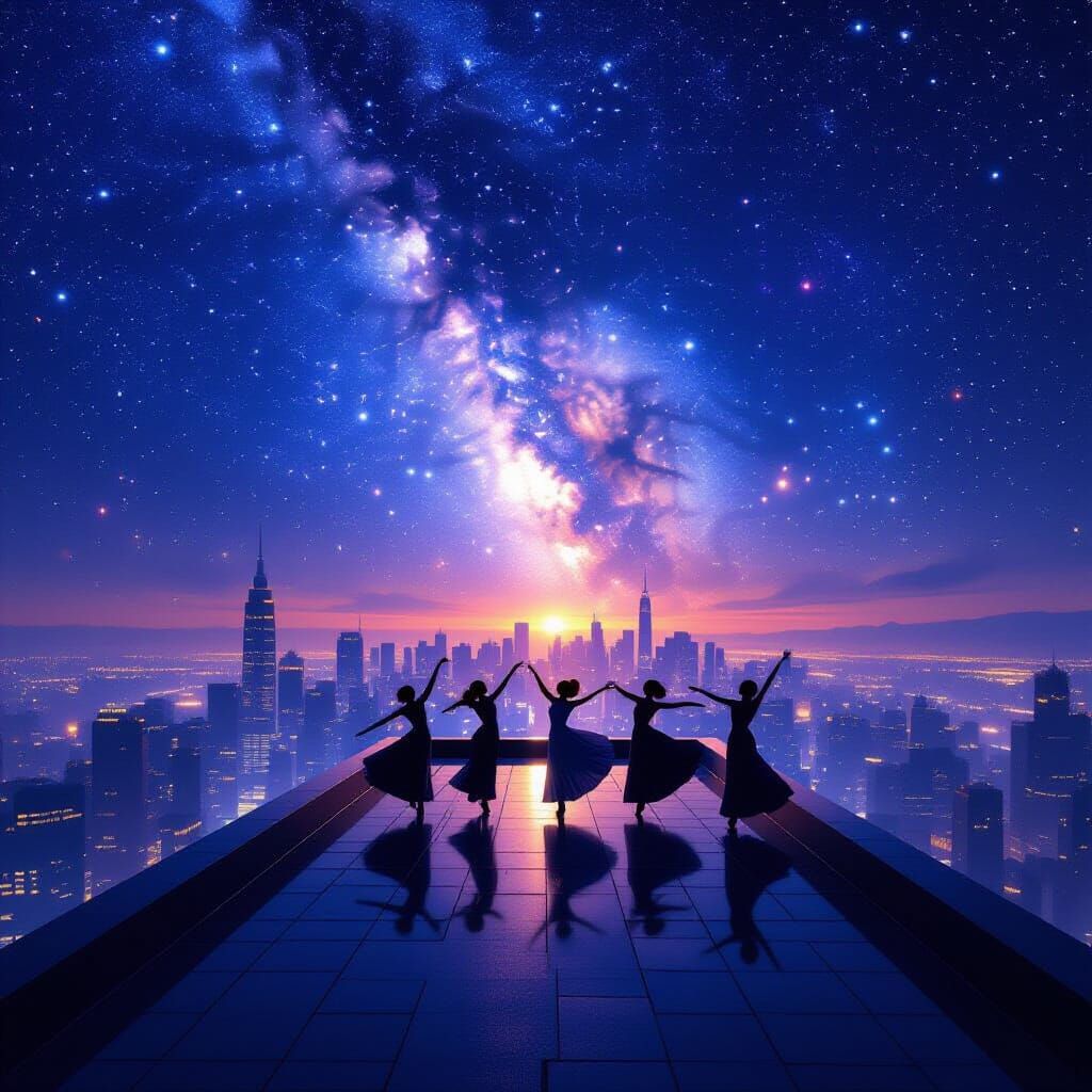 Cosmic Rooftop Dance Under Starry Skies