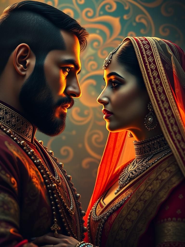 Elegant 18th-Century Pair in Opulent Maratha Attire