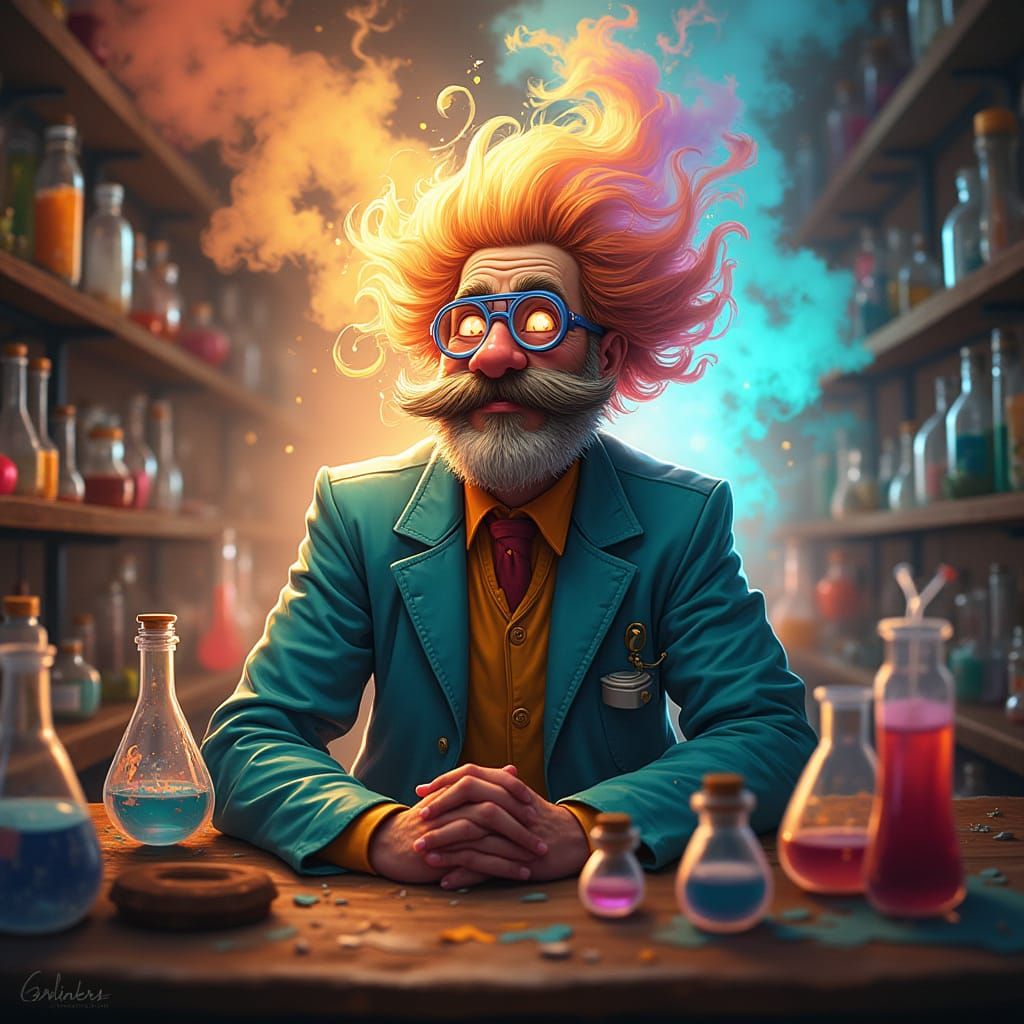 Mad Scientist in a Whimsical Laboratory Scene
