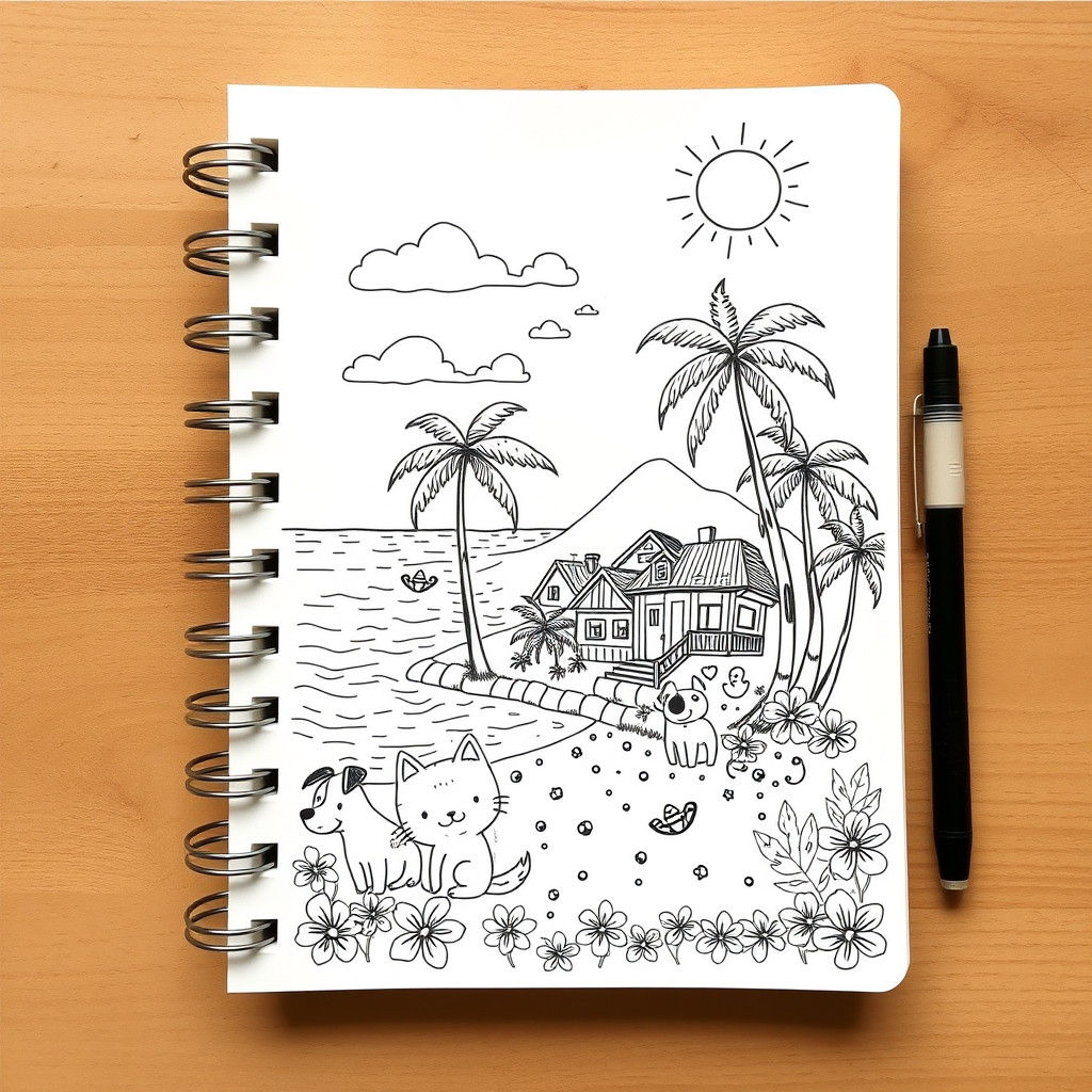 Kawaii Doodle Tropical Village in Notebook