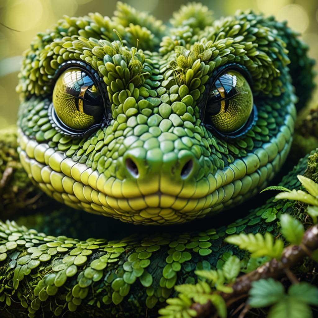Adorable Moss Snake Portrait in Vibrant Digital Art