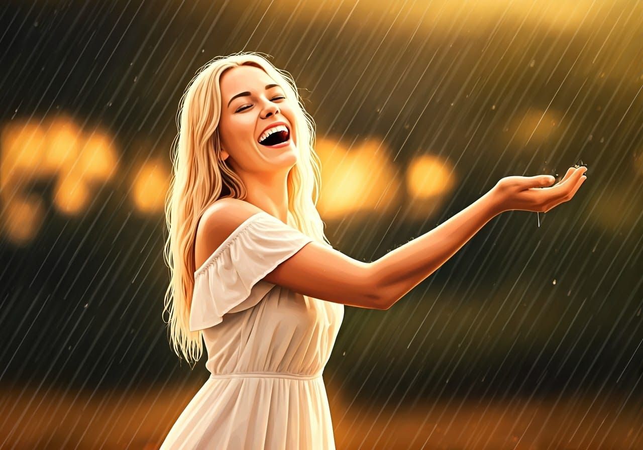 Carefree Woman Embracing Rain in Vibrant, Whimsical Style