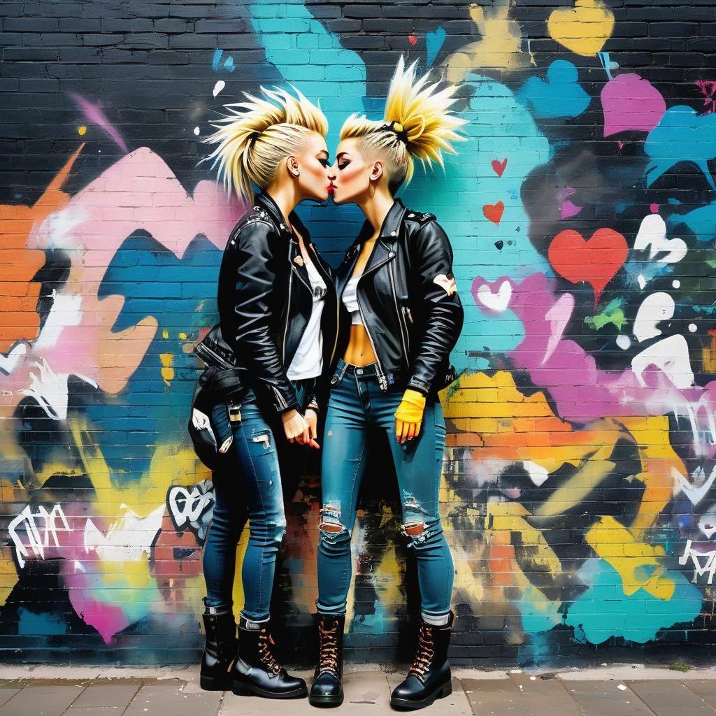 Kissing Women in Front of Graffiti Street Art