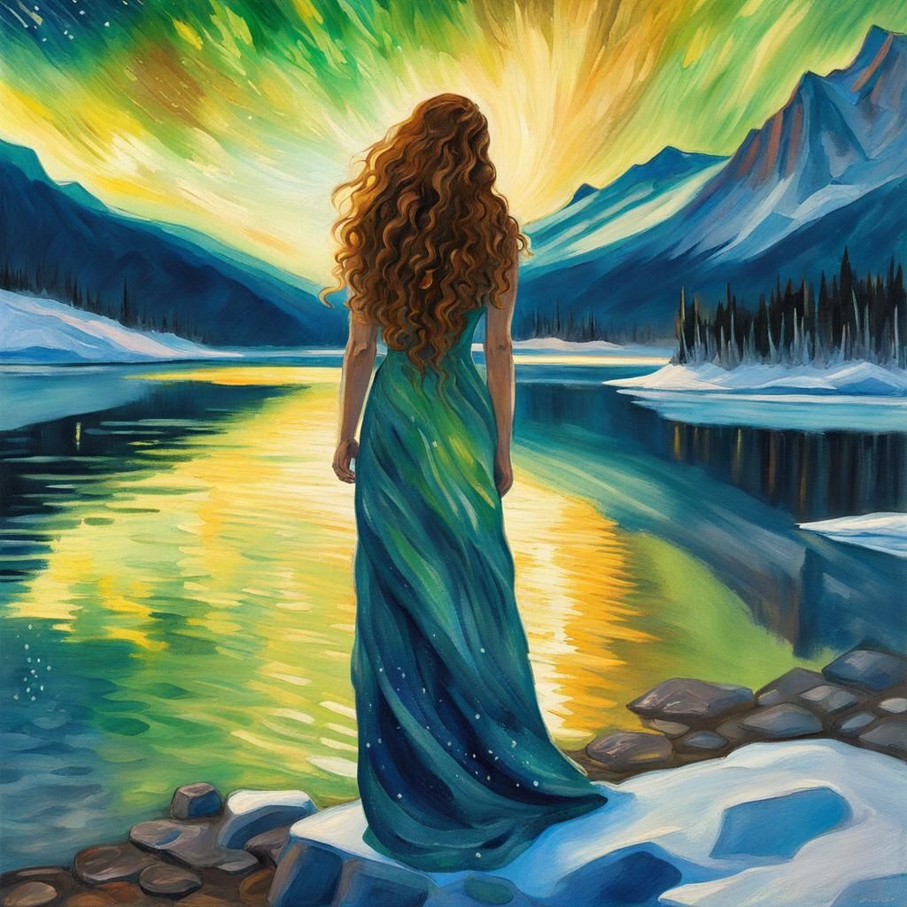 Aurora Borealis Reflected on Frozen Lake: Impressionistic St...