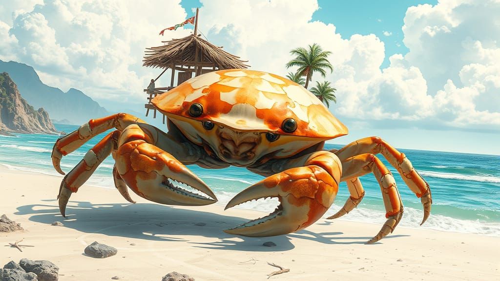 Giant Crab on Sun-Drenched Coastline in Fantasy Style