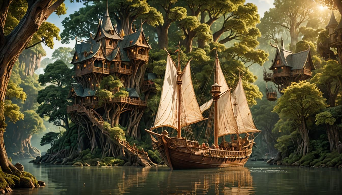 Elven Ship Sails Down River: Fantasy Landscape Photography