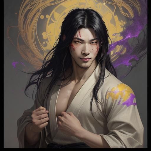 Menacing Asian Man with Red Eyes, Dark Fantasy Art