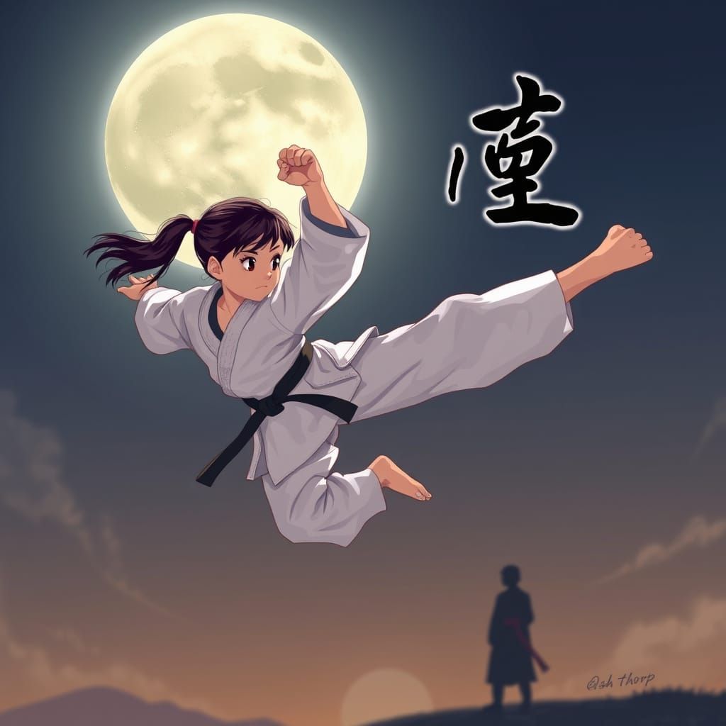 Karate Girl Soars Through Moonlit Sky