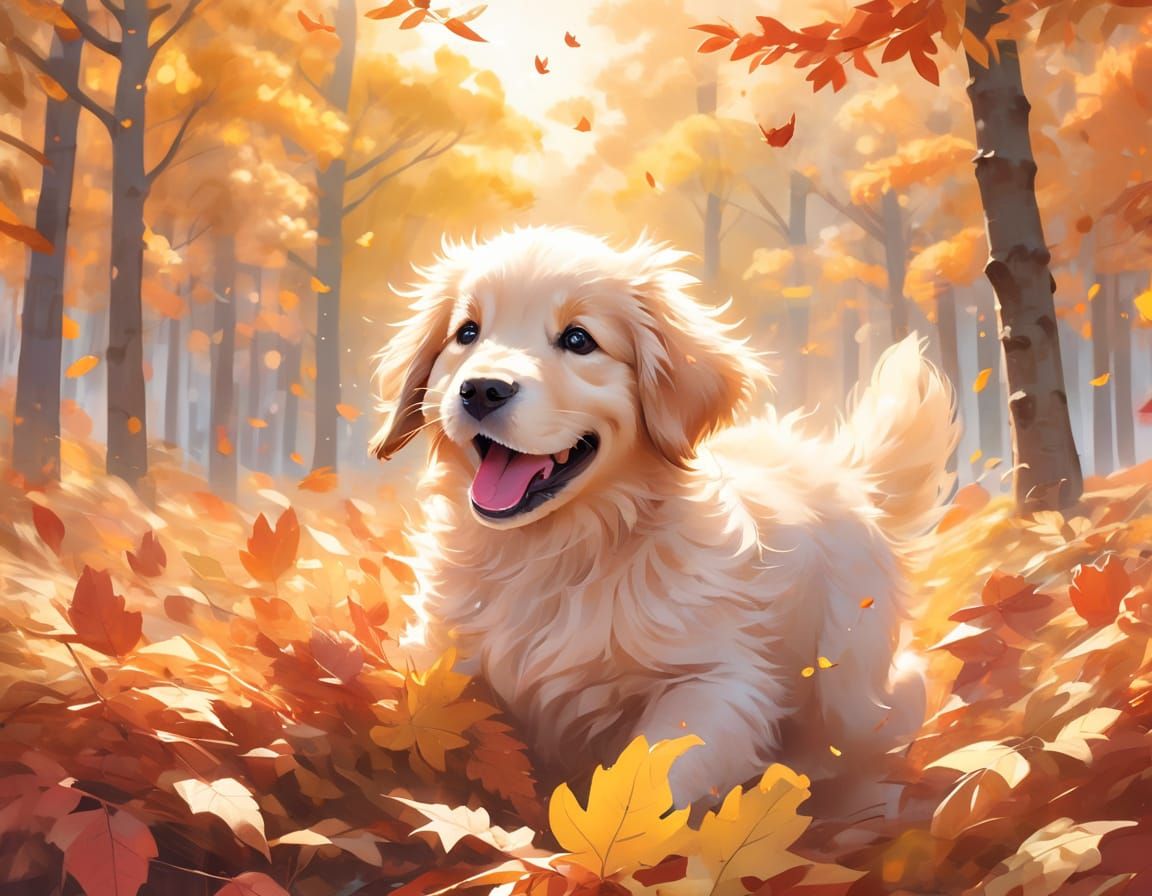 Joyful Golden Retriever Puppy Leaping in Autumn Leaves