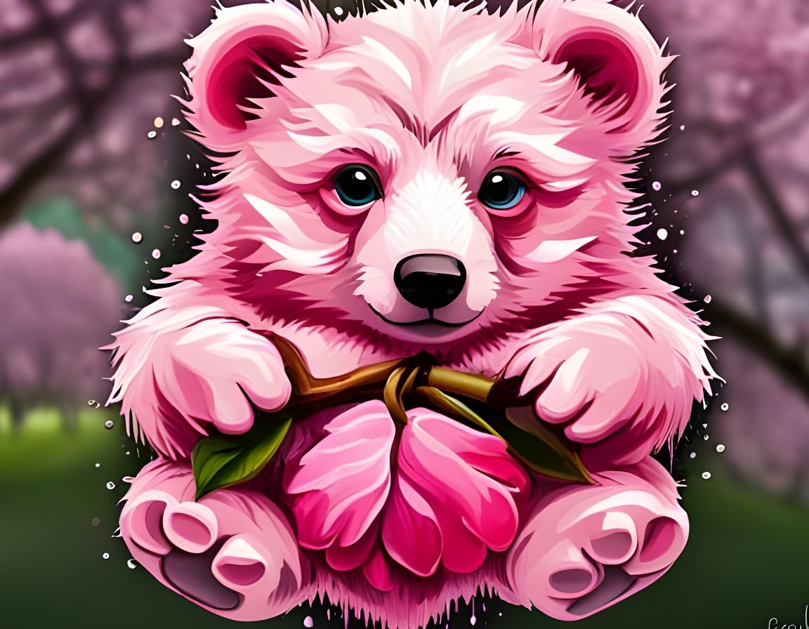 Cherry Blossom Bear Cub in Graffiti Art Style