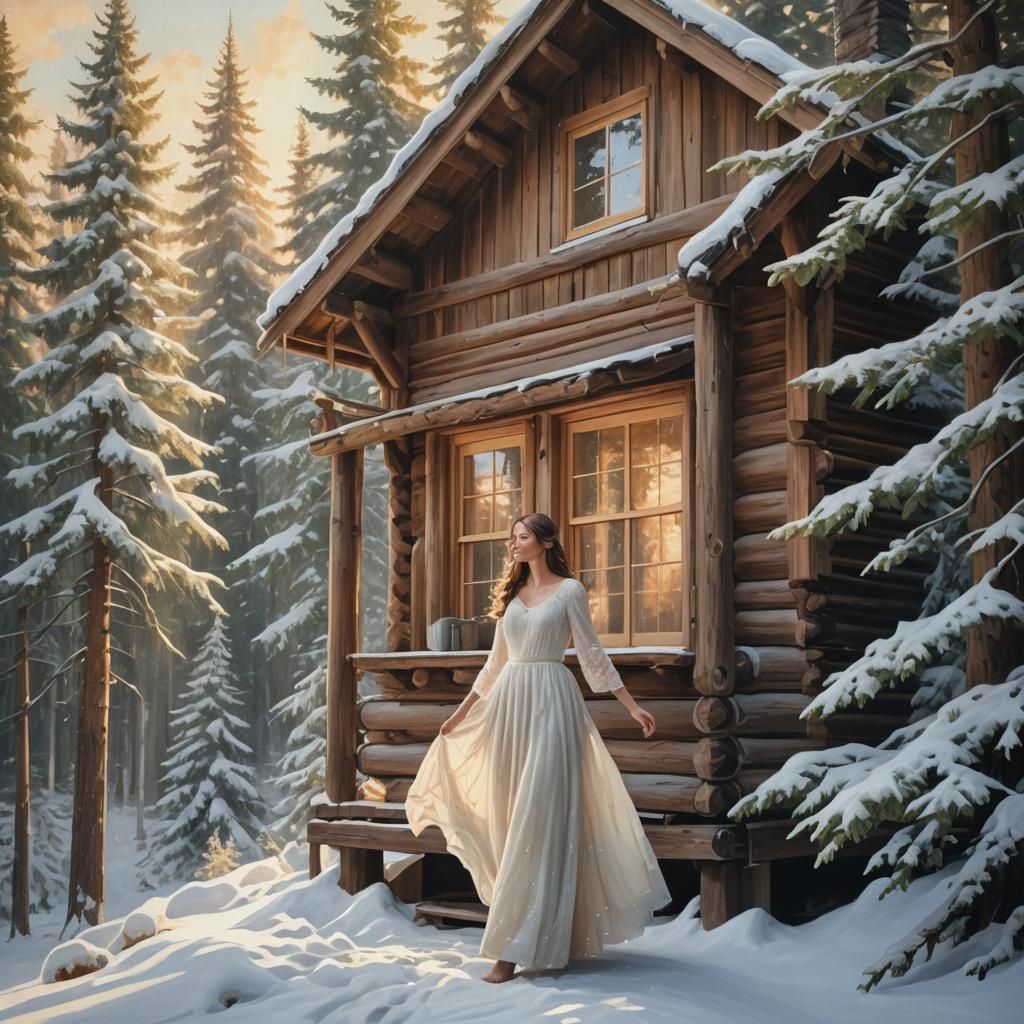 Woman in White Gown: Impressionist Winter Cabin