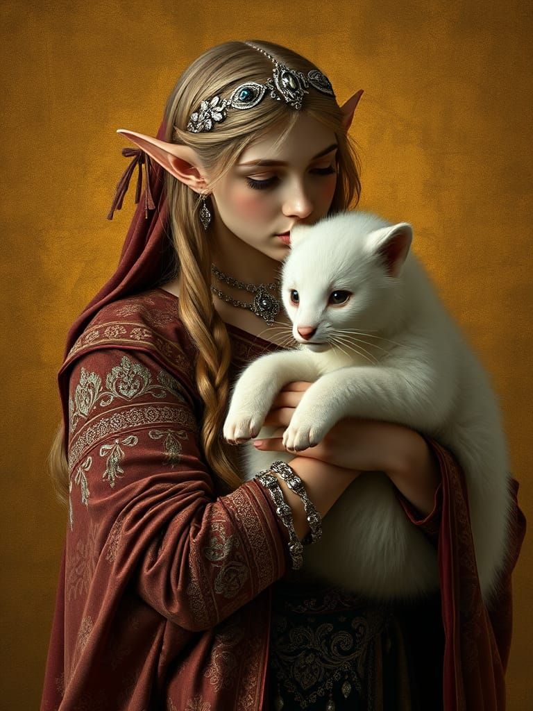 Elegant Elf with Ermine in Renaissance Style