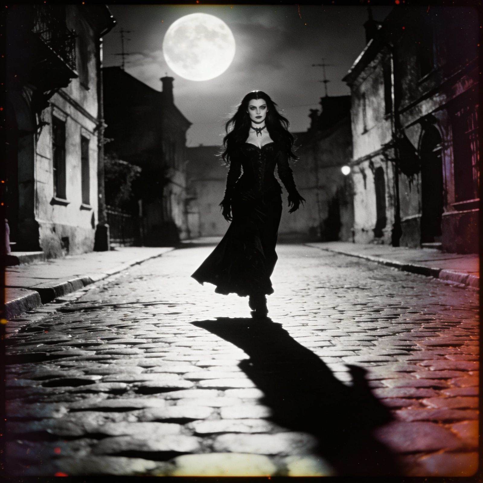 Vampire Woman on Moonlit Street in Classic Black and White