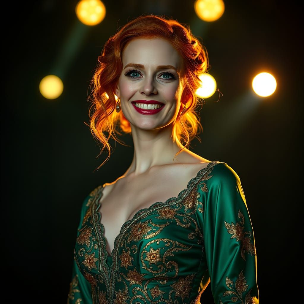 Elegant Redhead on Stage in Emerald Gown