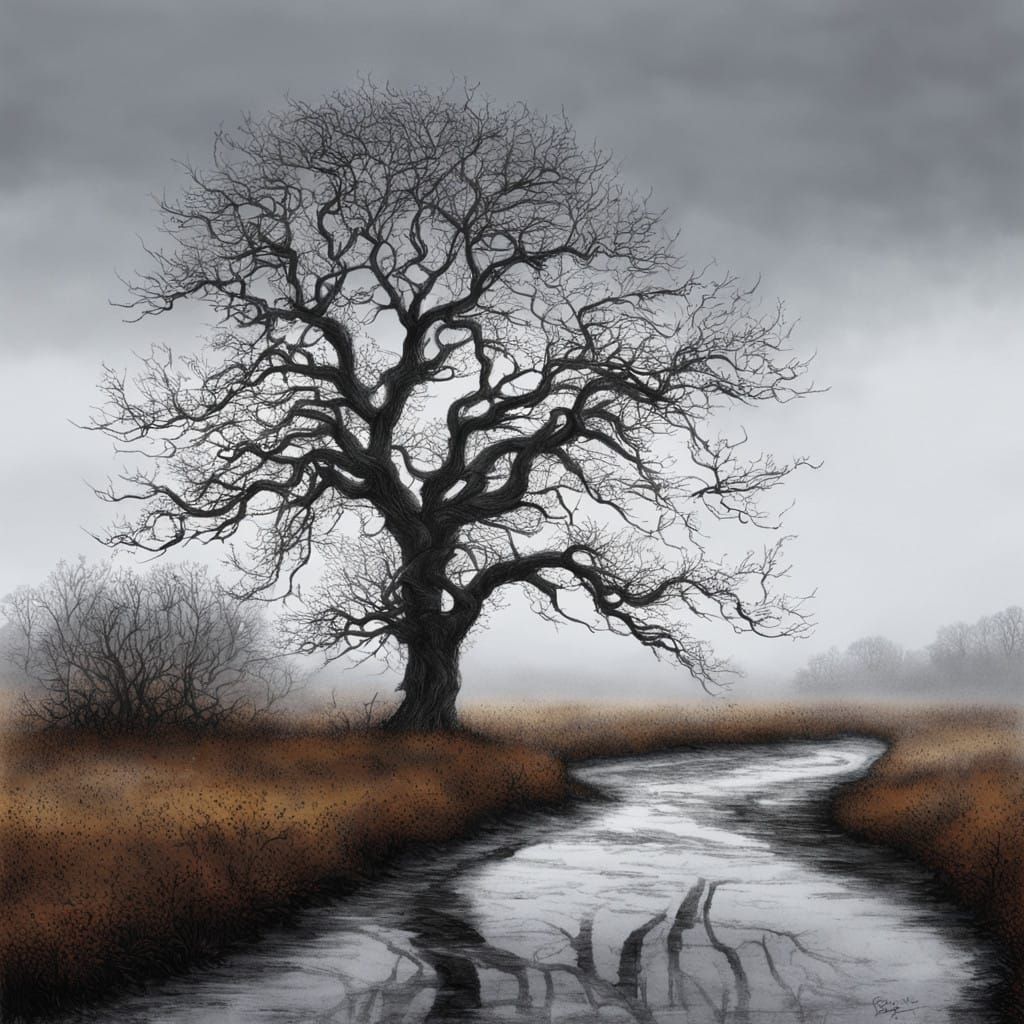 Surreal Autumn Landscape with Lone Tree in Muted Gray Sky