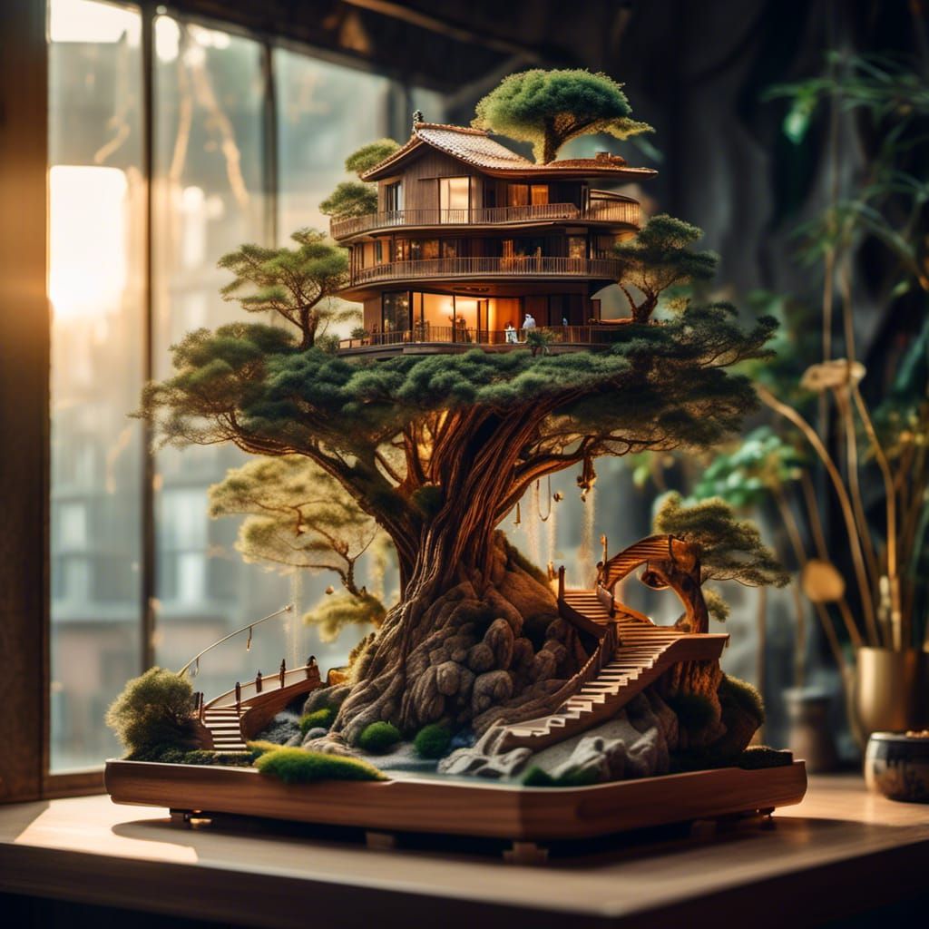 Futuristic Bonsai Treehouse Zen Garden at Golden Hour