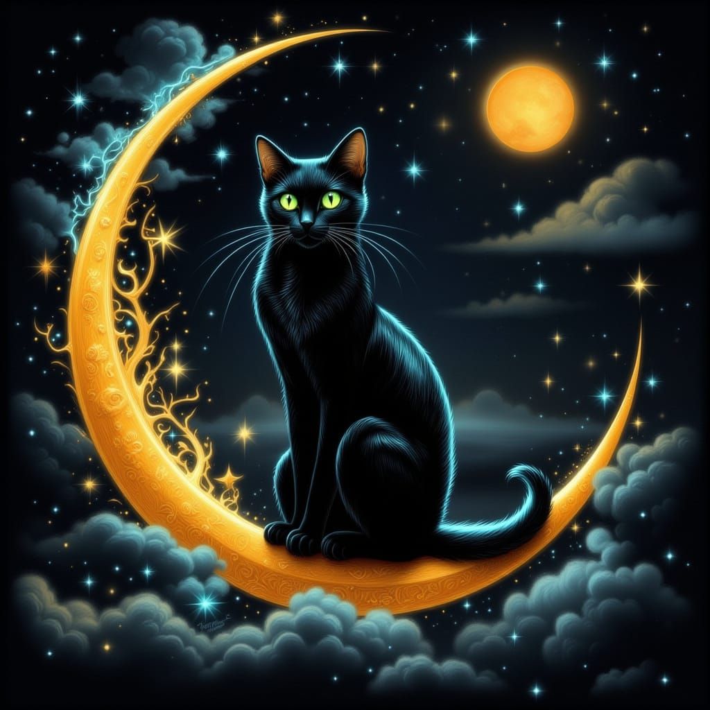 Black Cat on Moon Amidst Starry Night