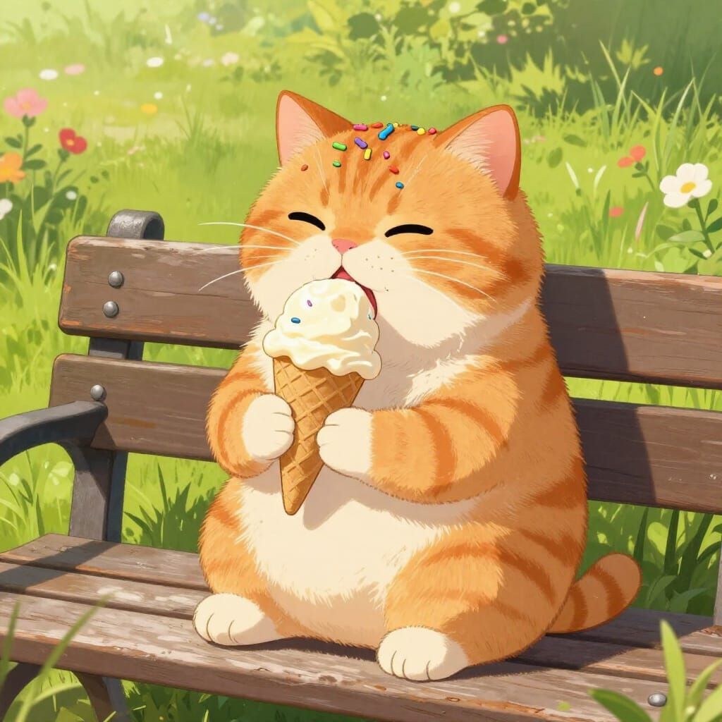 Chubby Orange Cat Enjoys Ice Cream on Sunny Park Bench