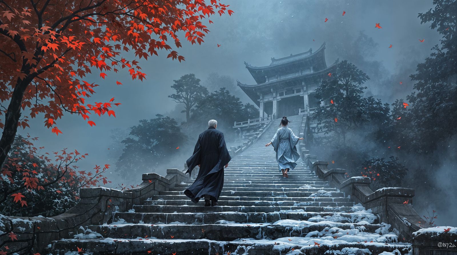 Mystical Temple Ascent in Vibrant Crimson