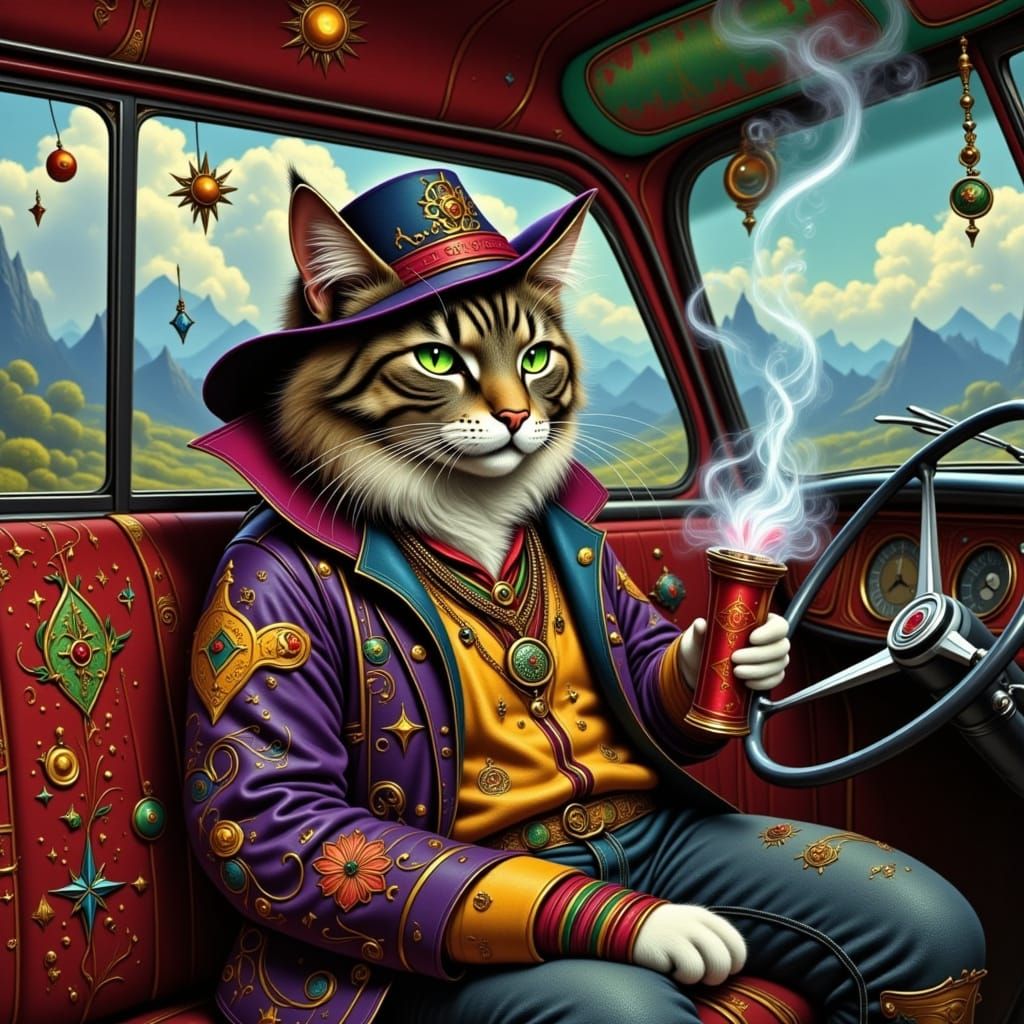 Groovy Feline Smokes a Joint in VW Bus