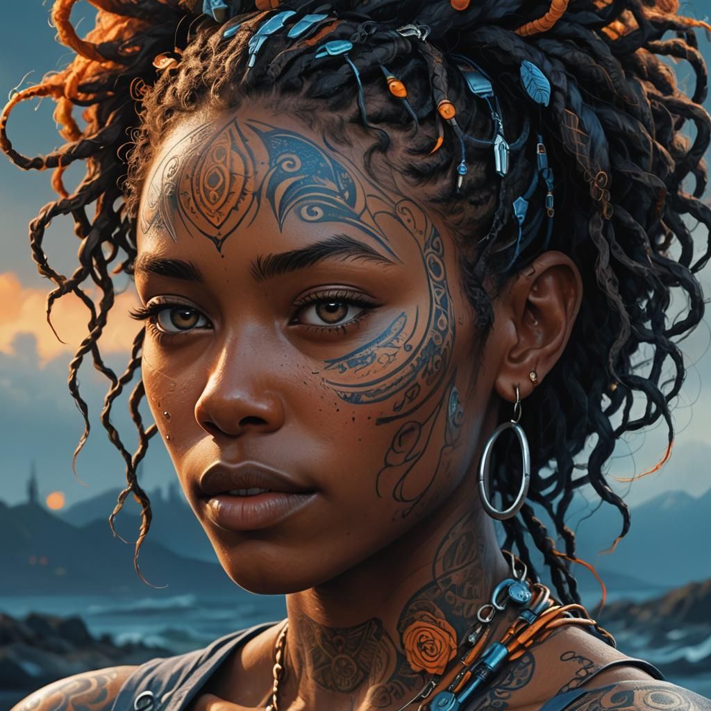 Futuristic Portrait: Black Woman with Wave Tattoos