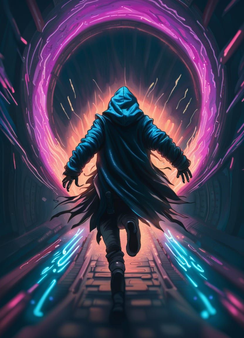 Cyberpunk Figure Runs Towards Dimensional Portal