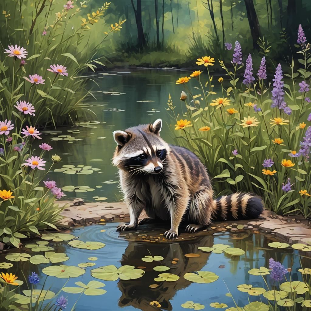 Raccoon at Pond in Forest: Abstract Art