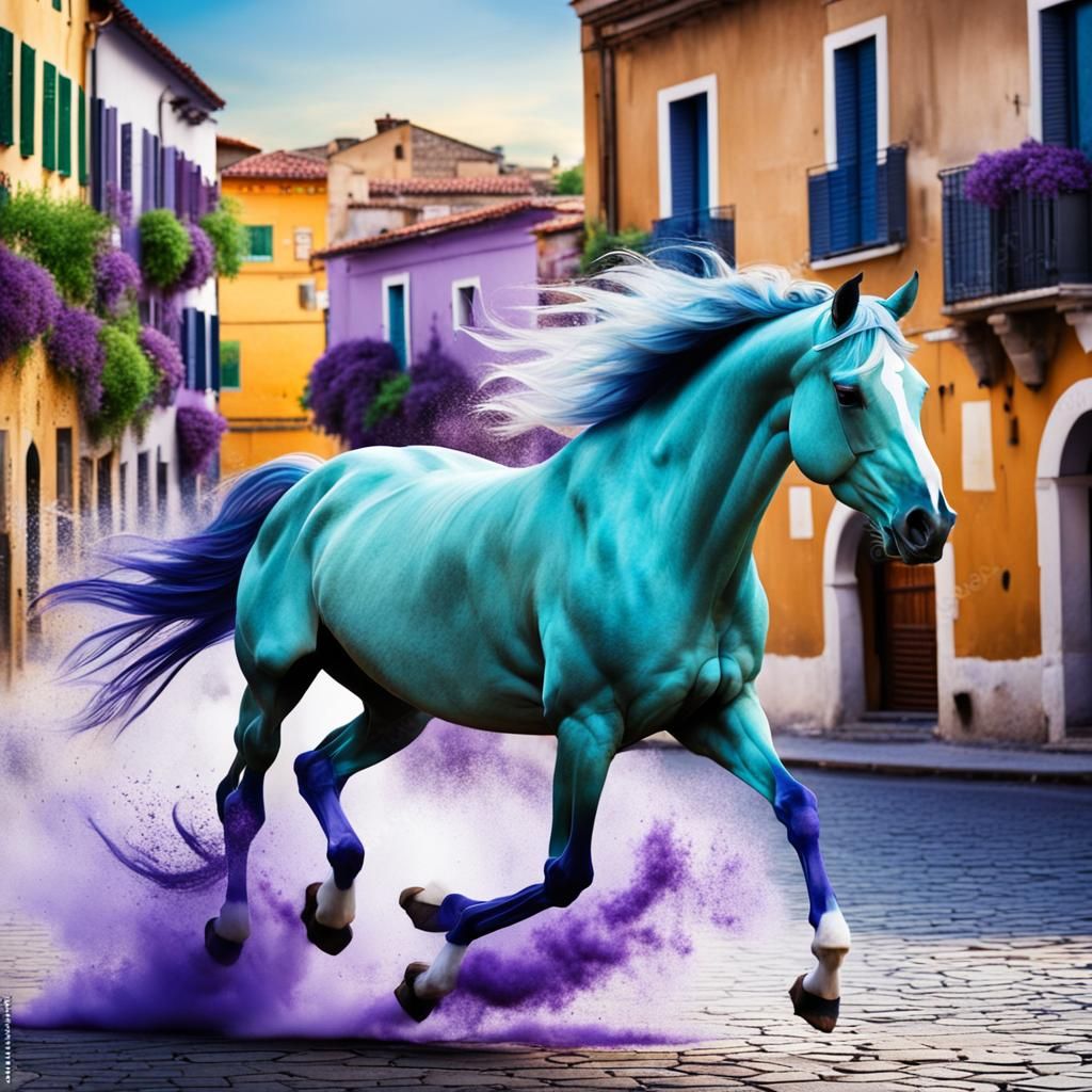 Horse Running Free in Colorful Urban Landscape