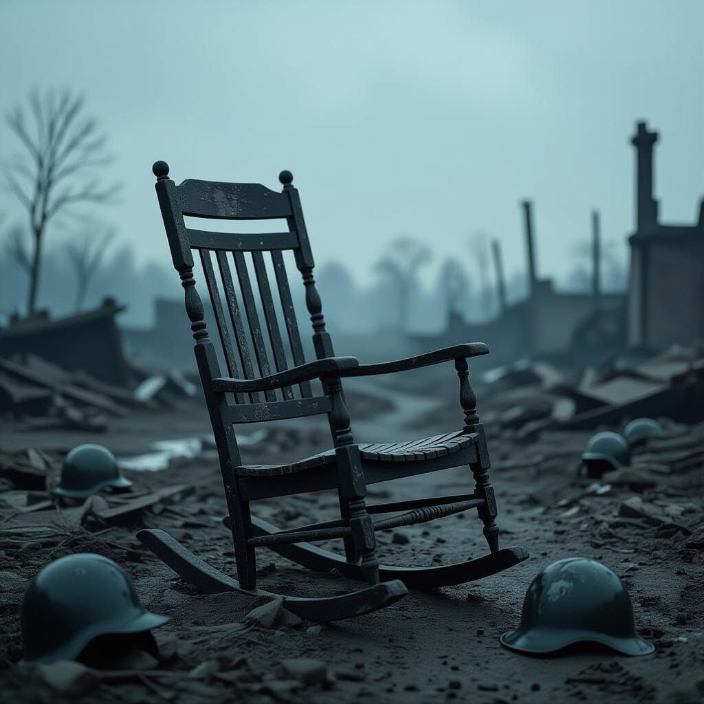Desolate Battlefield: Rocking Chair Amidst War's Wreckage