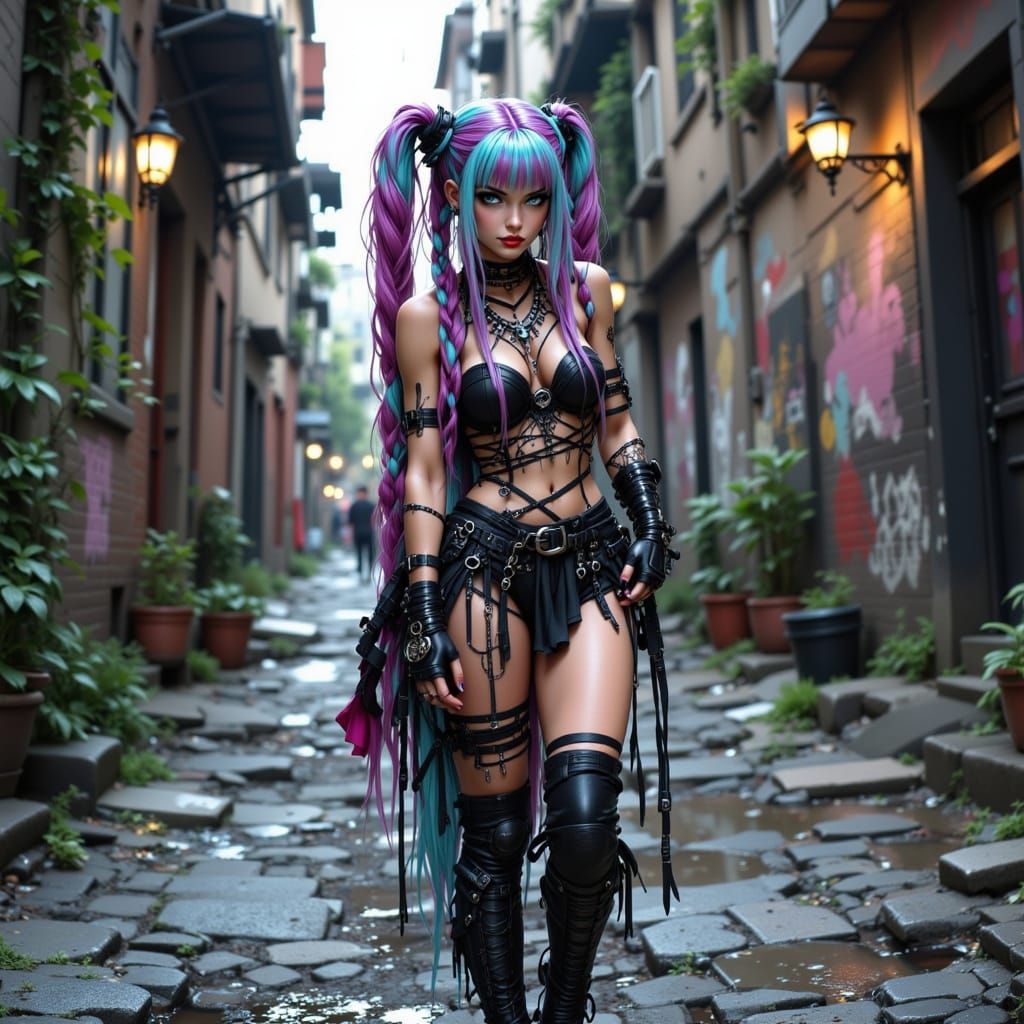 Nymph in Punk Style in Graphitic Alleyway