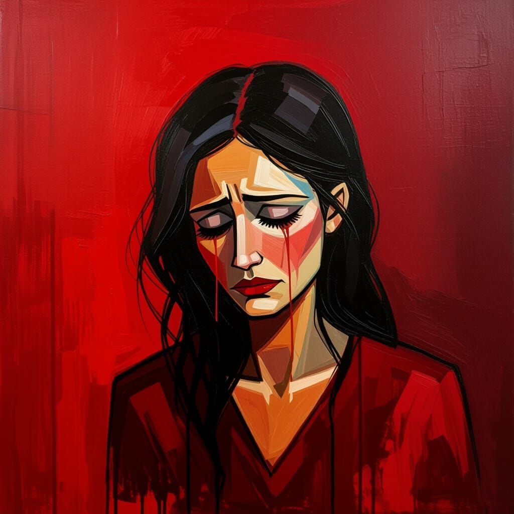 Mother's Grief in Red: Abstract Expressionist Oil Painting