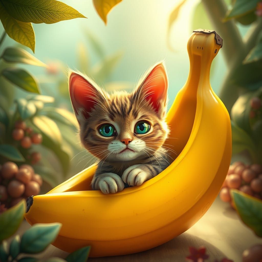 Enchanted Whimsy: Cat in a Vibrant Banana Oasis