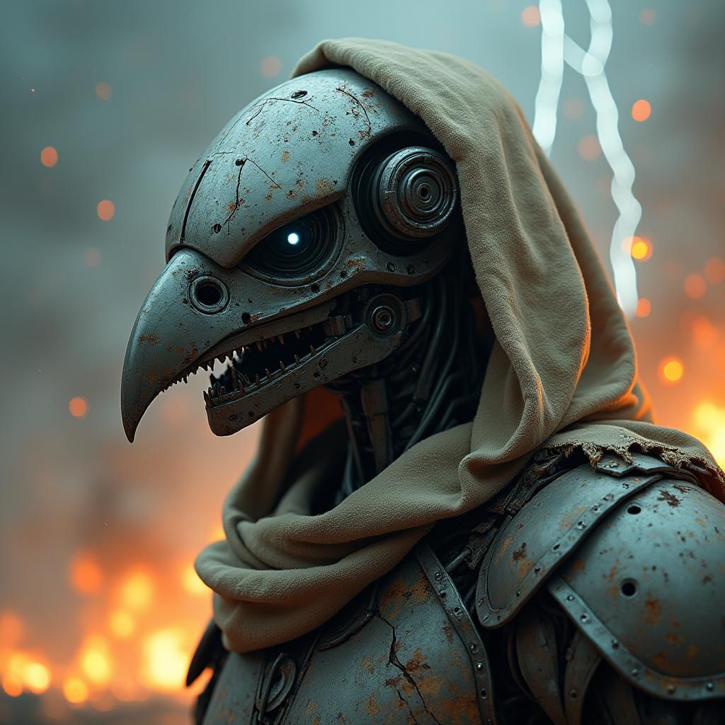 Apocalyptic Robot Warrior with Bird Helmet, Sci-Fi Art