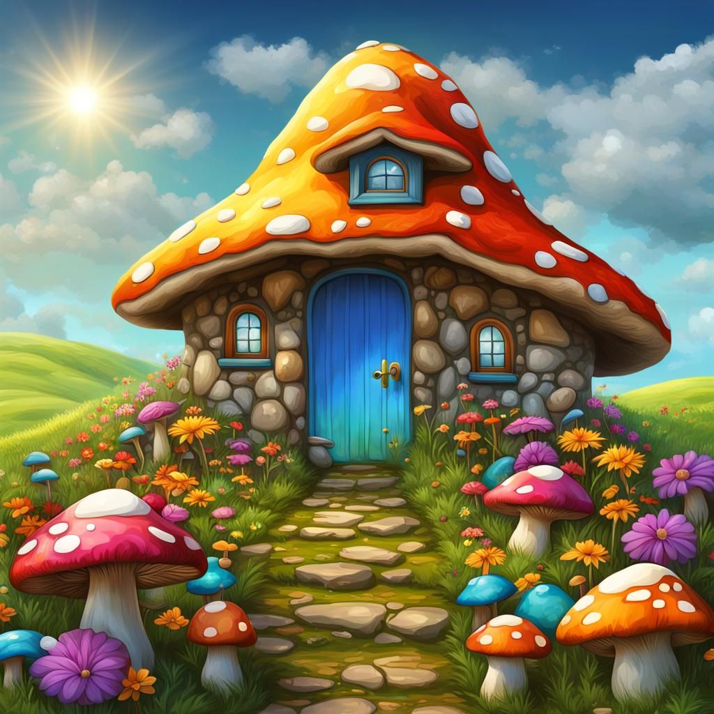 Colorful Mushroom House with Flower Fence: Hyperrealistic Im...