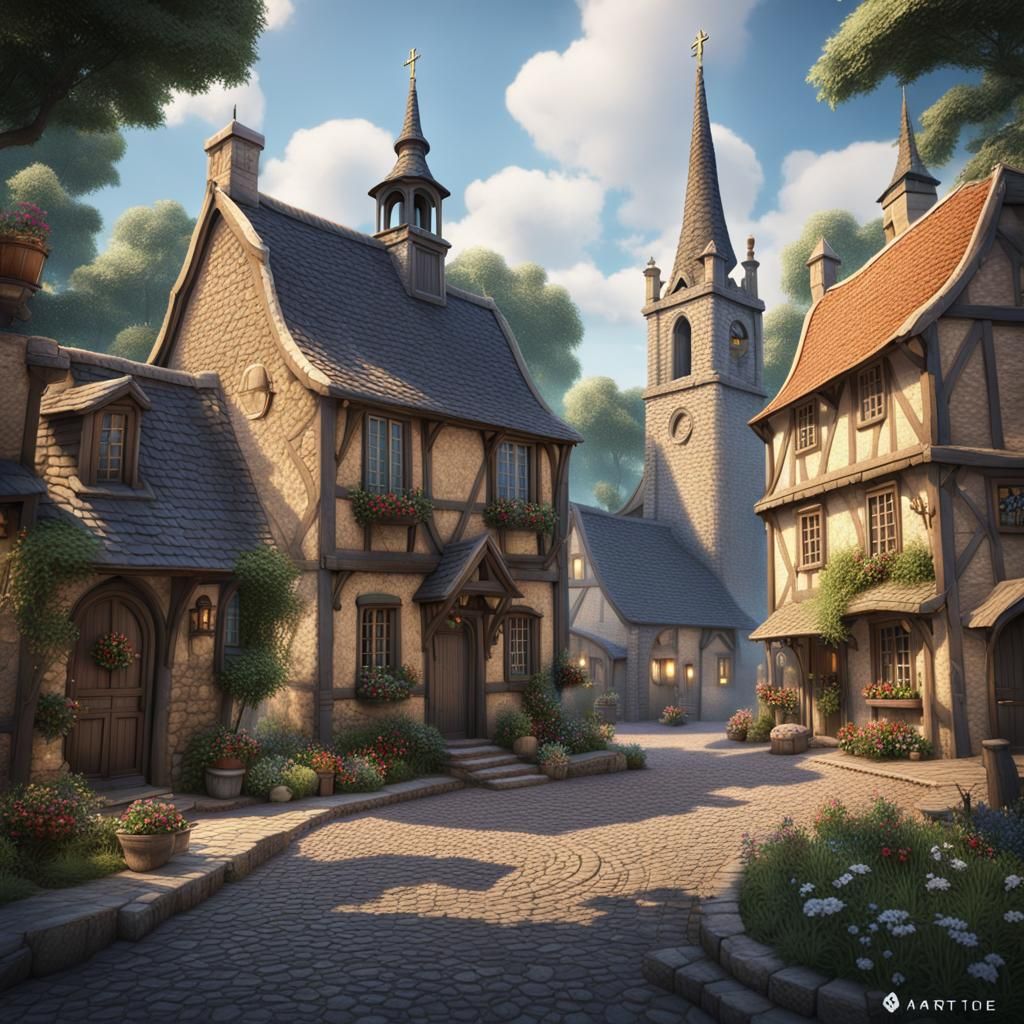 Quaint Village Scene in Detailed Matte Painting