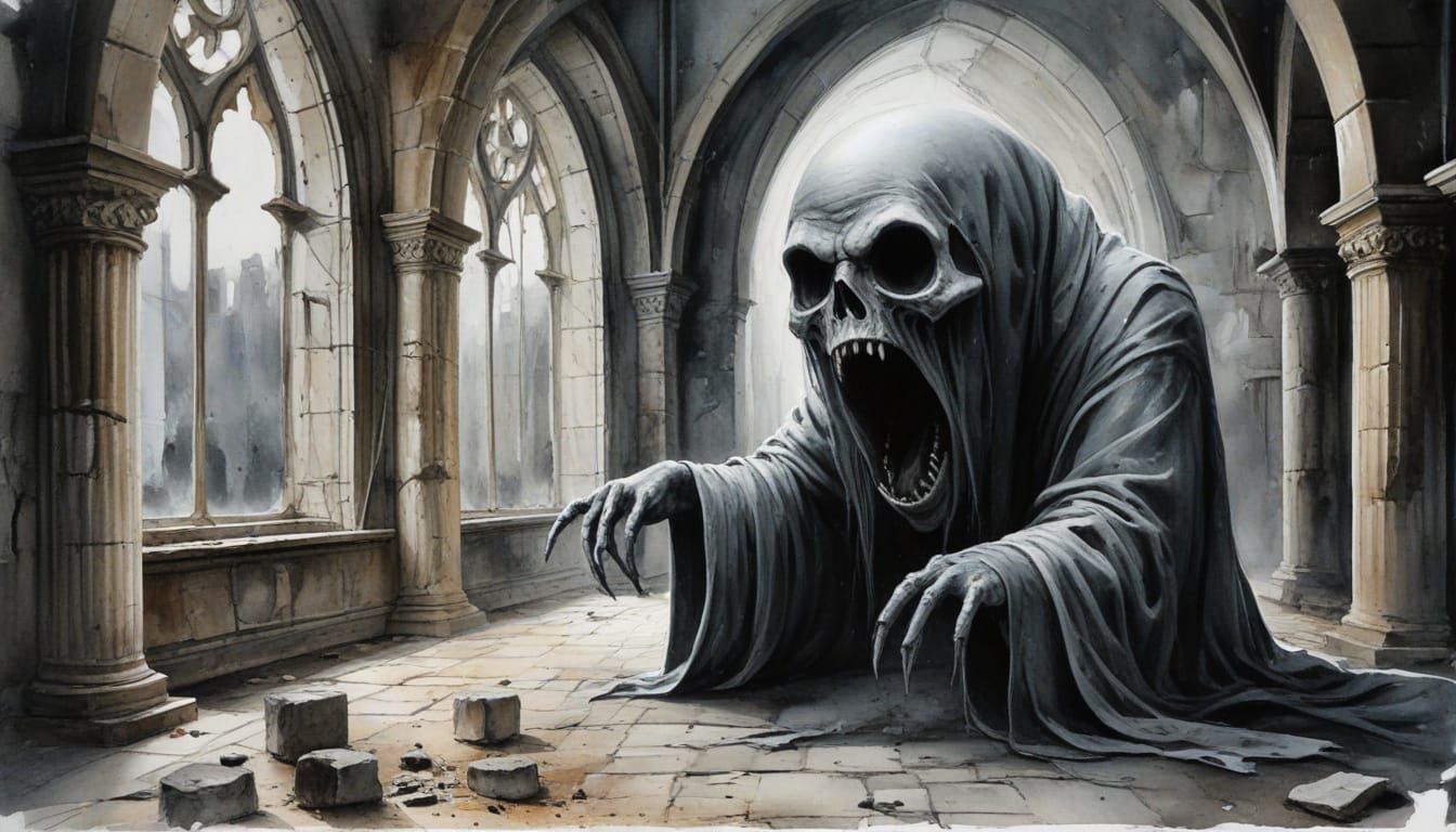 Ethereal Ghostly Figure in Dark, Abandoned Cathedral