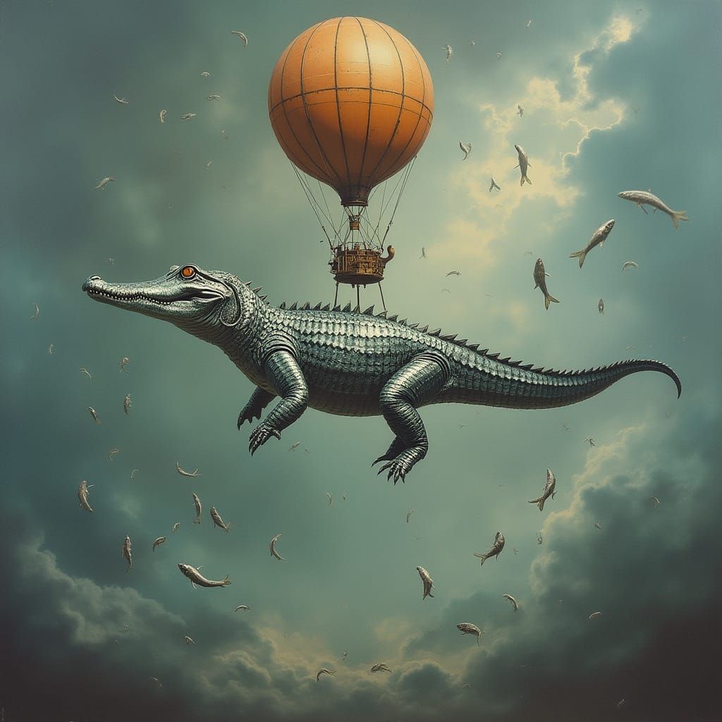 Chrome Metallic Crocodile in Jules Verne Air Balloon Scene