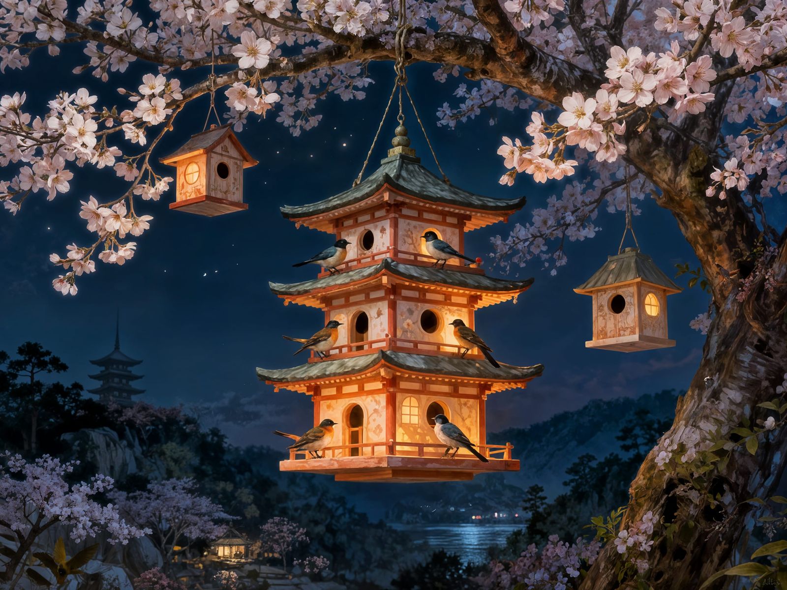 Miniature Pagoda Birdhouses Hanging from Cherry Blossom Tree