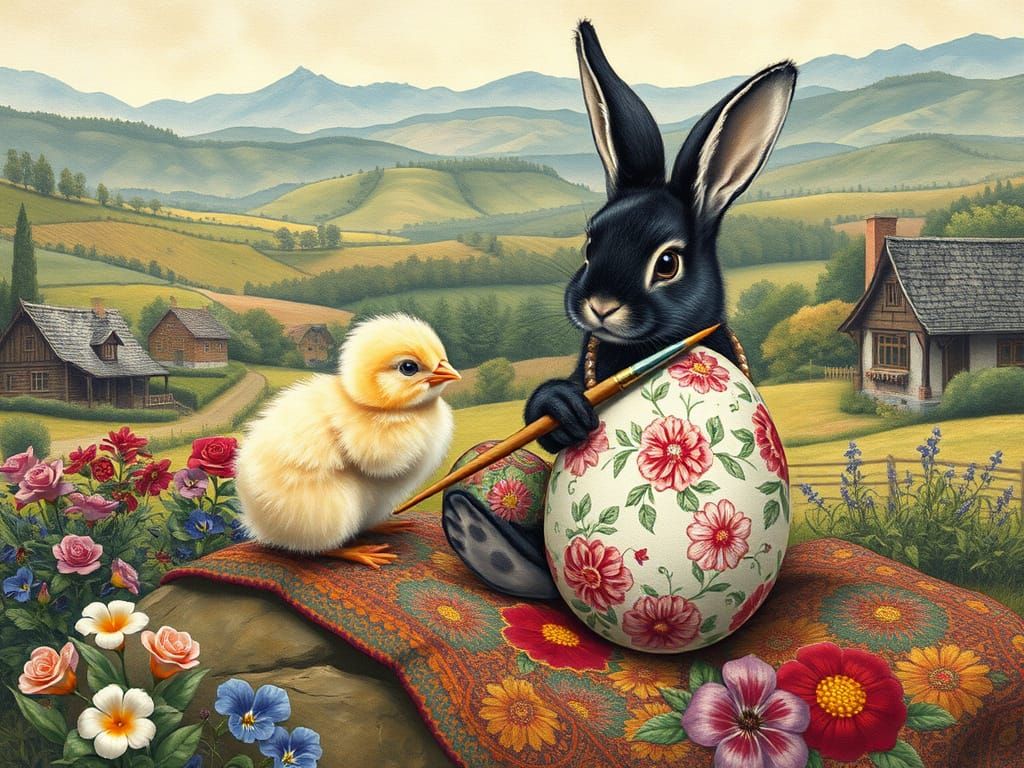 Chick and Bunny Painting Easter Egg on Hill