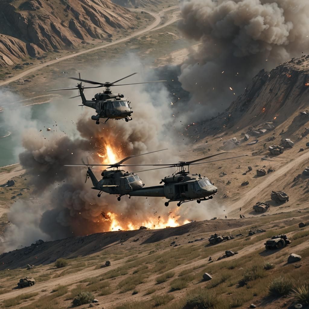 Marines on Hilltop Airfield with Huey Helicopter